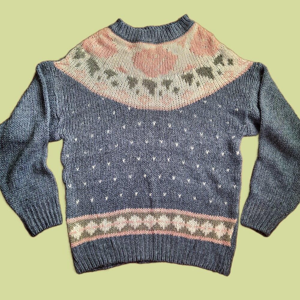 Vintage 80s Floral Fair Isle Hand Knit Sweater Blue Pink Size Oversized Size S